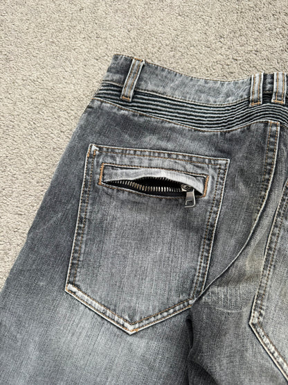 Balmain by Christophe Decarnin Grey Faded Zip Biker Denim Jeans