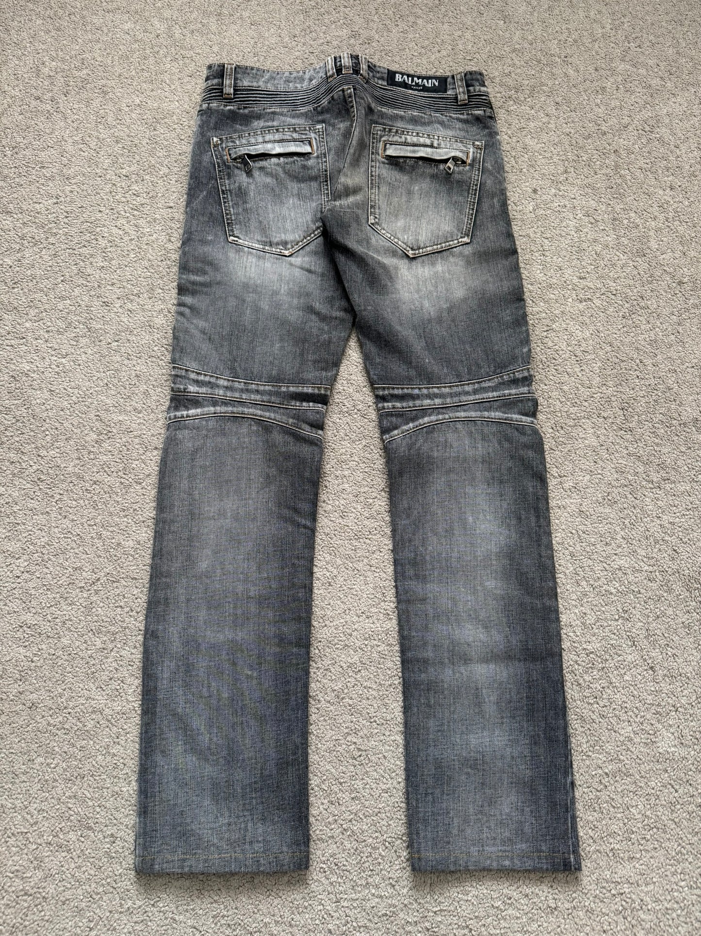 Balmain by Christophe Decarnin Grey Faded Zip Biker Denim Jeans