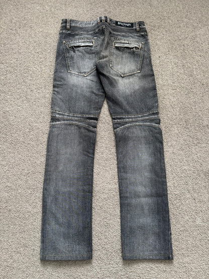 Balmain by Christophe Decarnin Grey Faded Zip Biker Denim Jeans