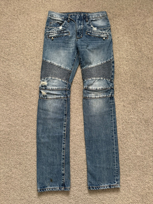 Balmain by Christophe Decarnin Faded Distressed Blue Zip Biker Denim Jeans