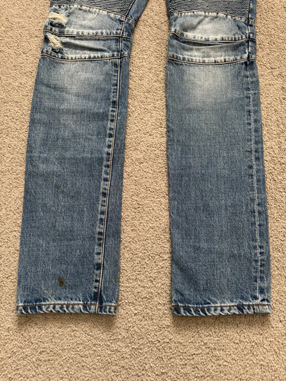 Balmain by Christophe Decarnin Faded Distressed Blue Zip Biker Denim Jeans