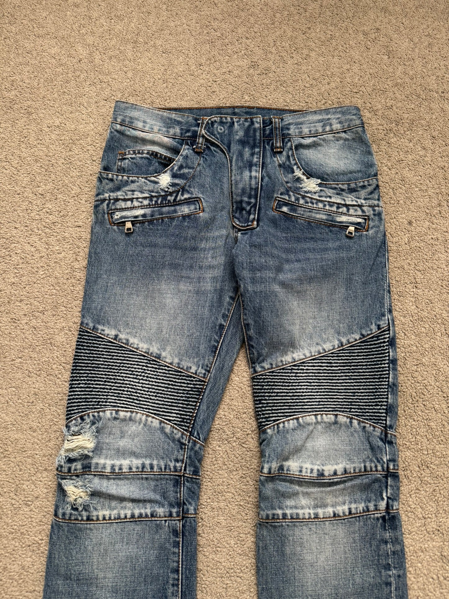 Balmain by Christophe Decarnin Faded Distressed Blue Zip Biker Denim Jeans