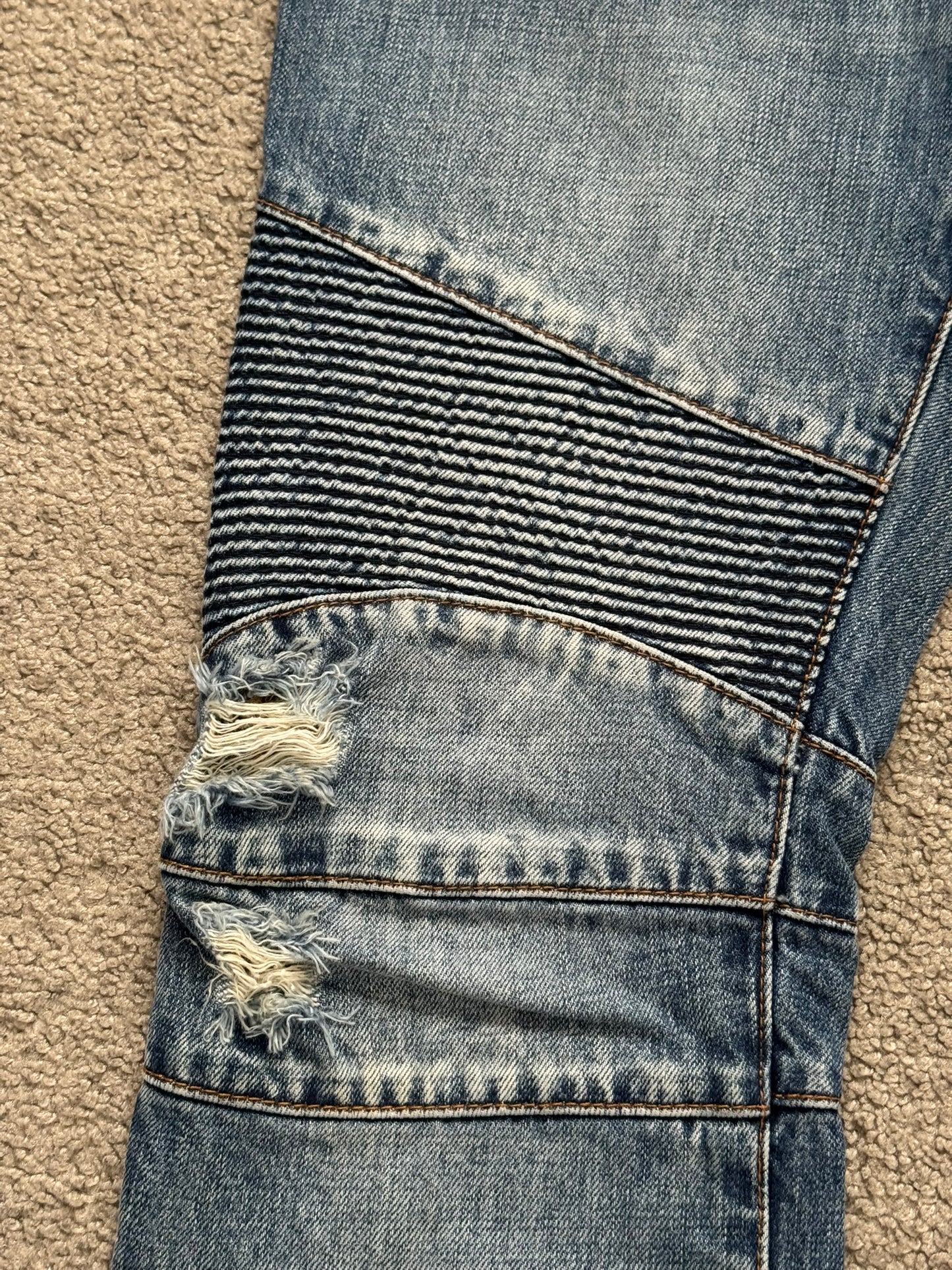 Balmain by Christophe Decarnin Faded Distressed Blue Zip Biker Denim Jeans