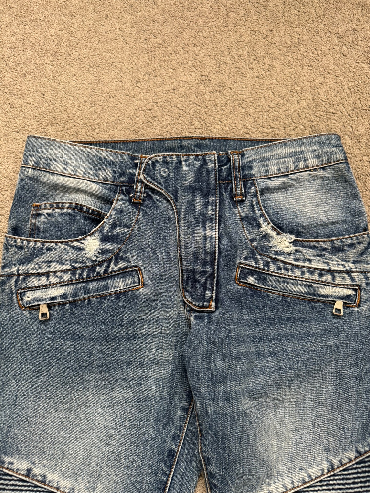 Balmain by Christophe Decarnin Faded Distressed Blue Zip Biker Denim Jeans