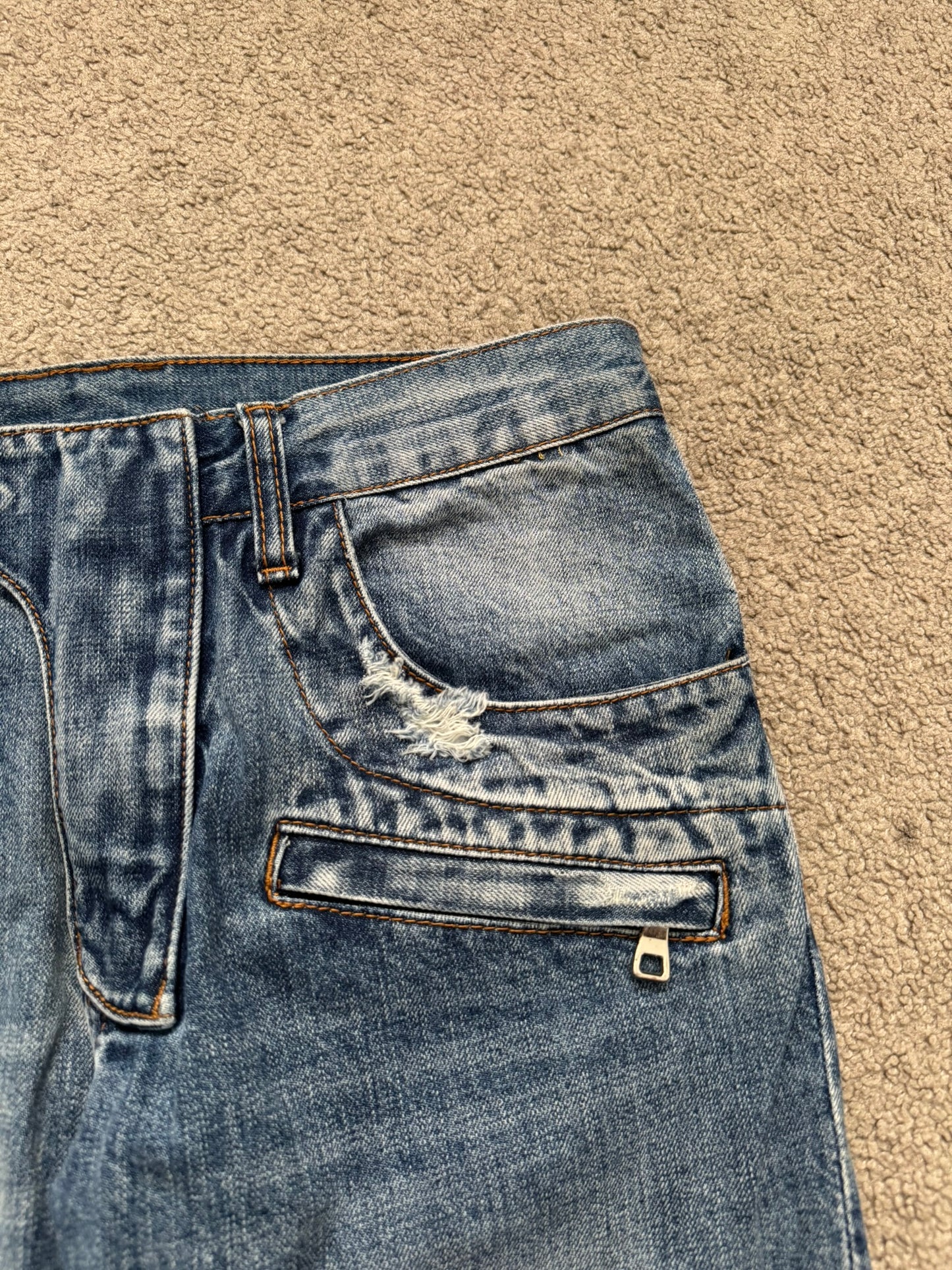 Balmain by Christophe Decarnin Faded Distressed Blue Zip Biker Denim Jeans