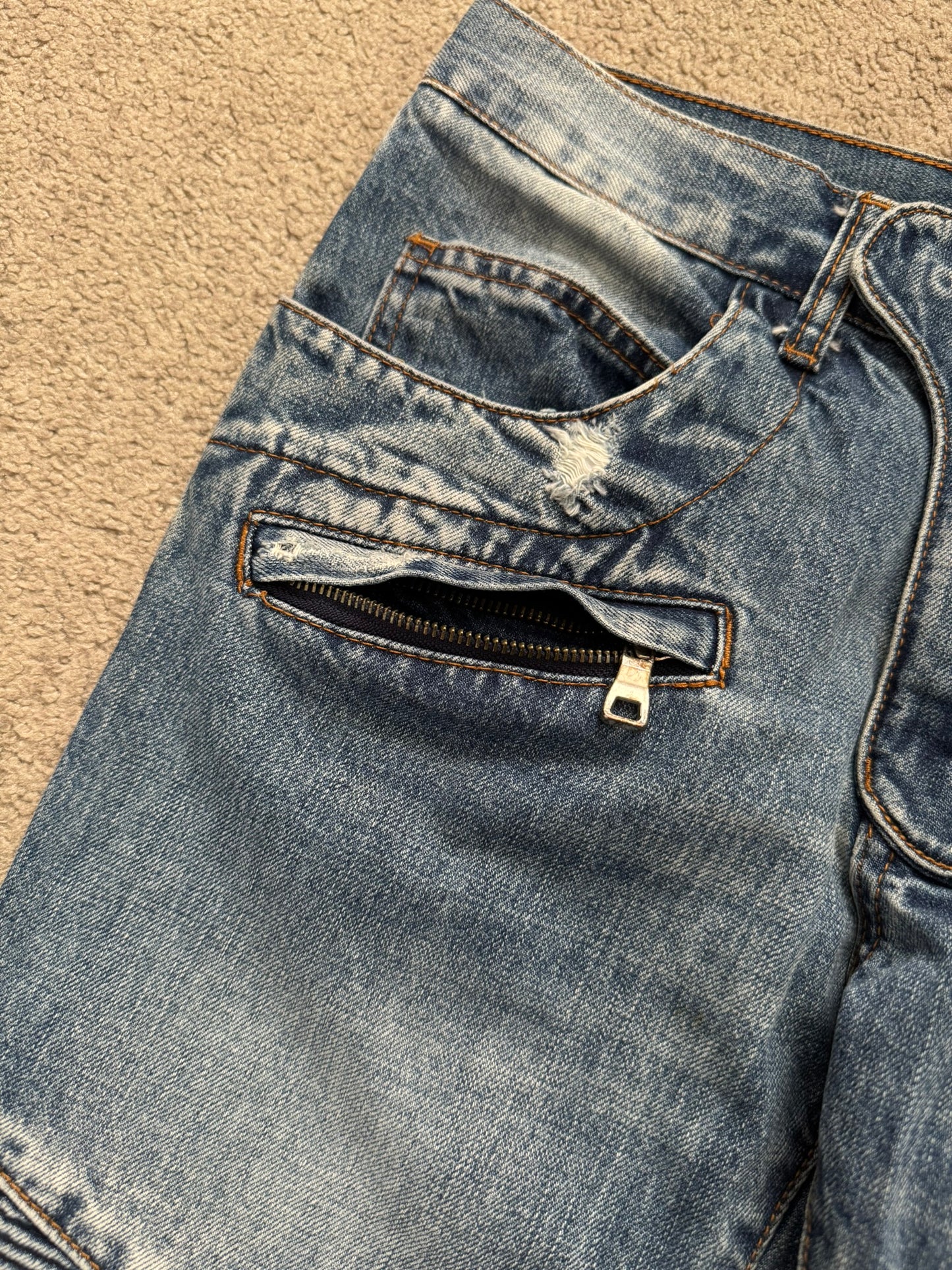 Balmain by Christophe Decarnin Faded Distressed Blue Zip Biker Denim Jeans