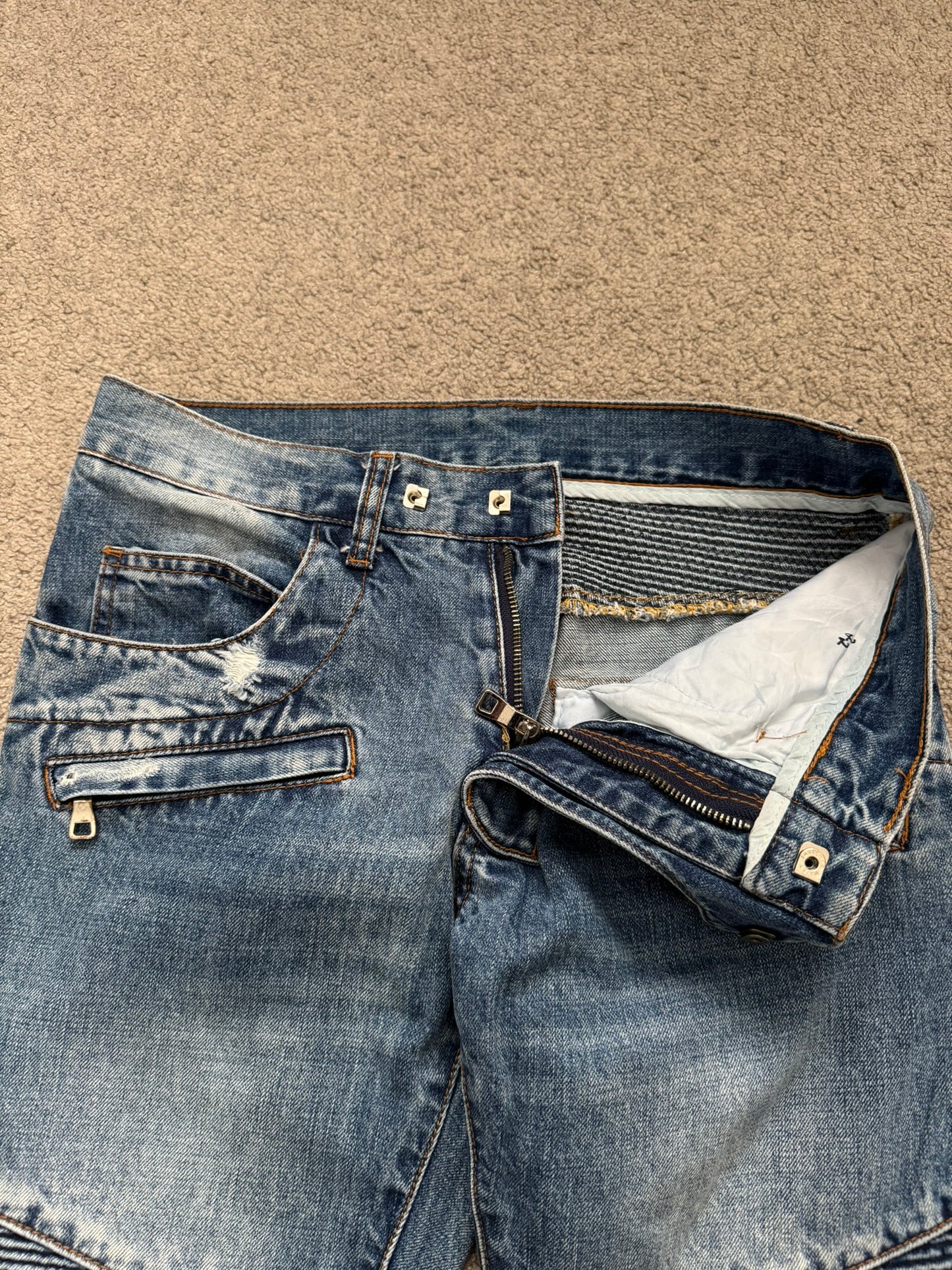 Balmain by Christophe Decarnin Faded Distressed Blue Zip Biker Denim Jeans