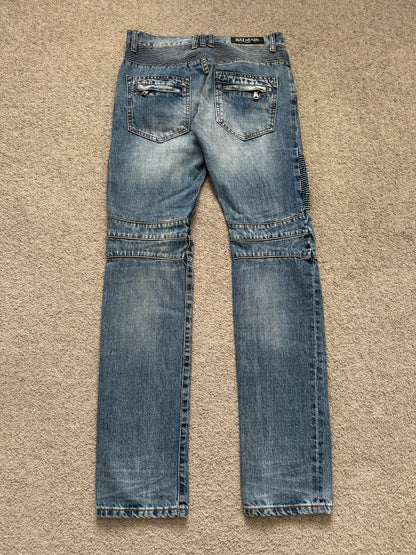 Balmain by Christophe Decarnin Faded Distressed Blue Zip Biker Denim Jeans