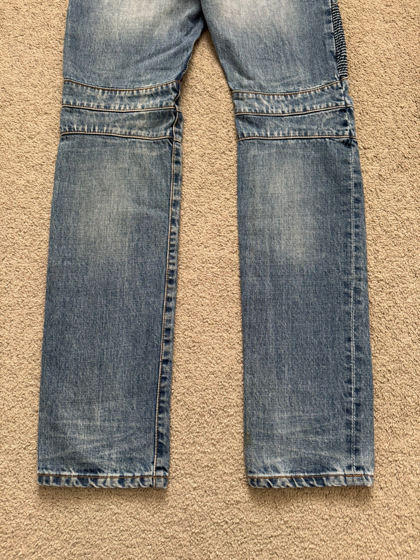 Balmain by Christophe Decarnin Faded Distressed Blue Zip Biker Denim Jeans