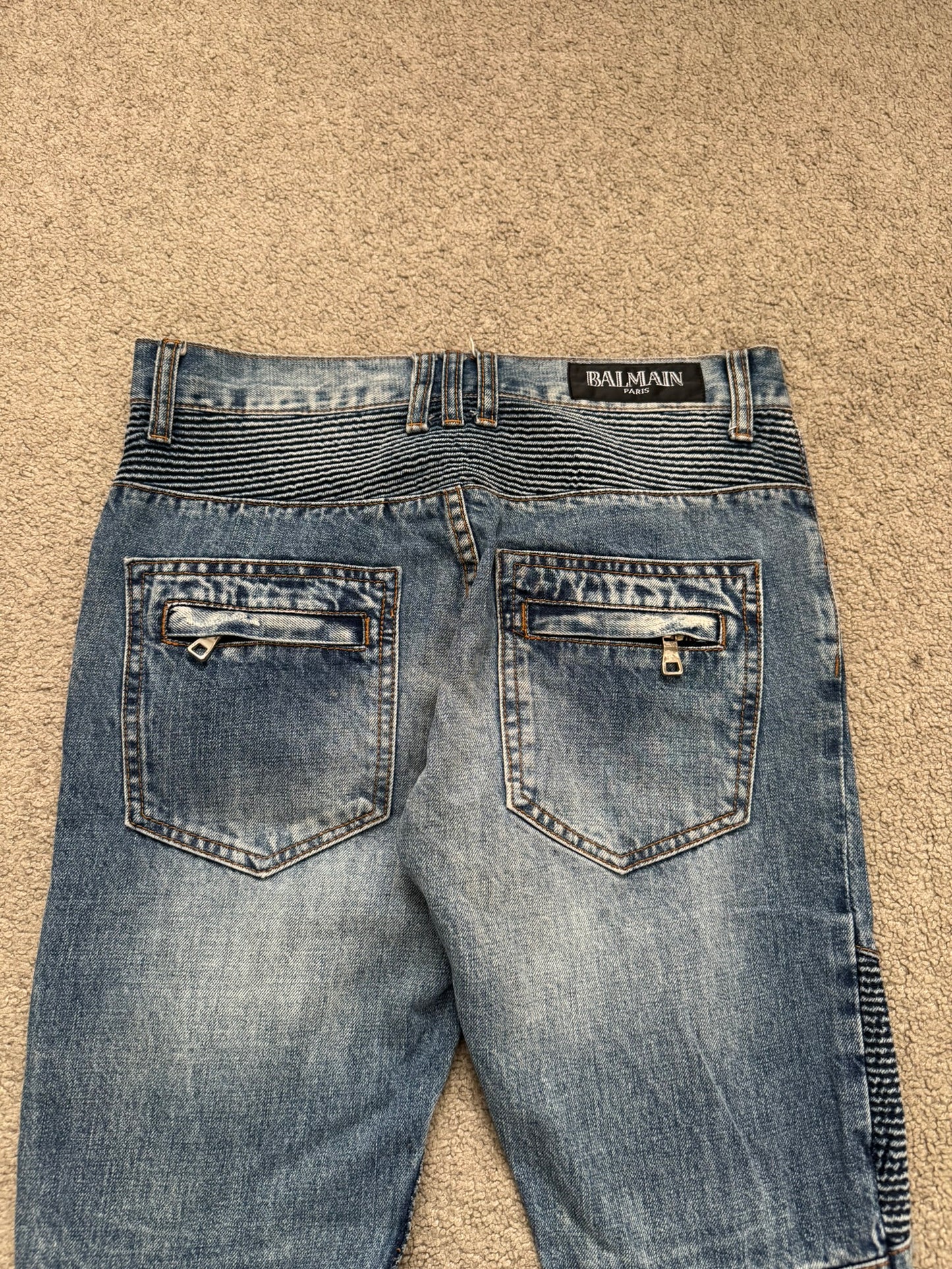 Balmain by Christophe Decarnin Faded Distressed Blue Zip Biker Denim Jeans