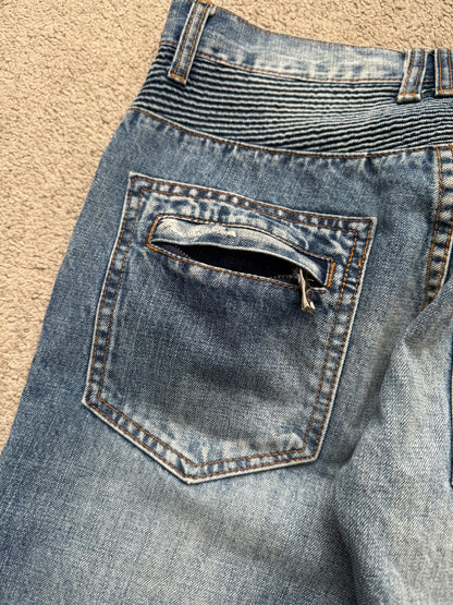 Balmain by Christophe Decarnin Faded Distressed Blue Zip Biker Denim Jeans