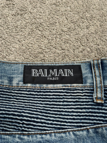 Balmain by Christophe Decarnin Faded Distressed Blue Zip Biker Denim Jeans