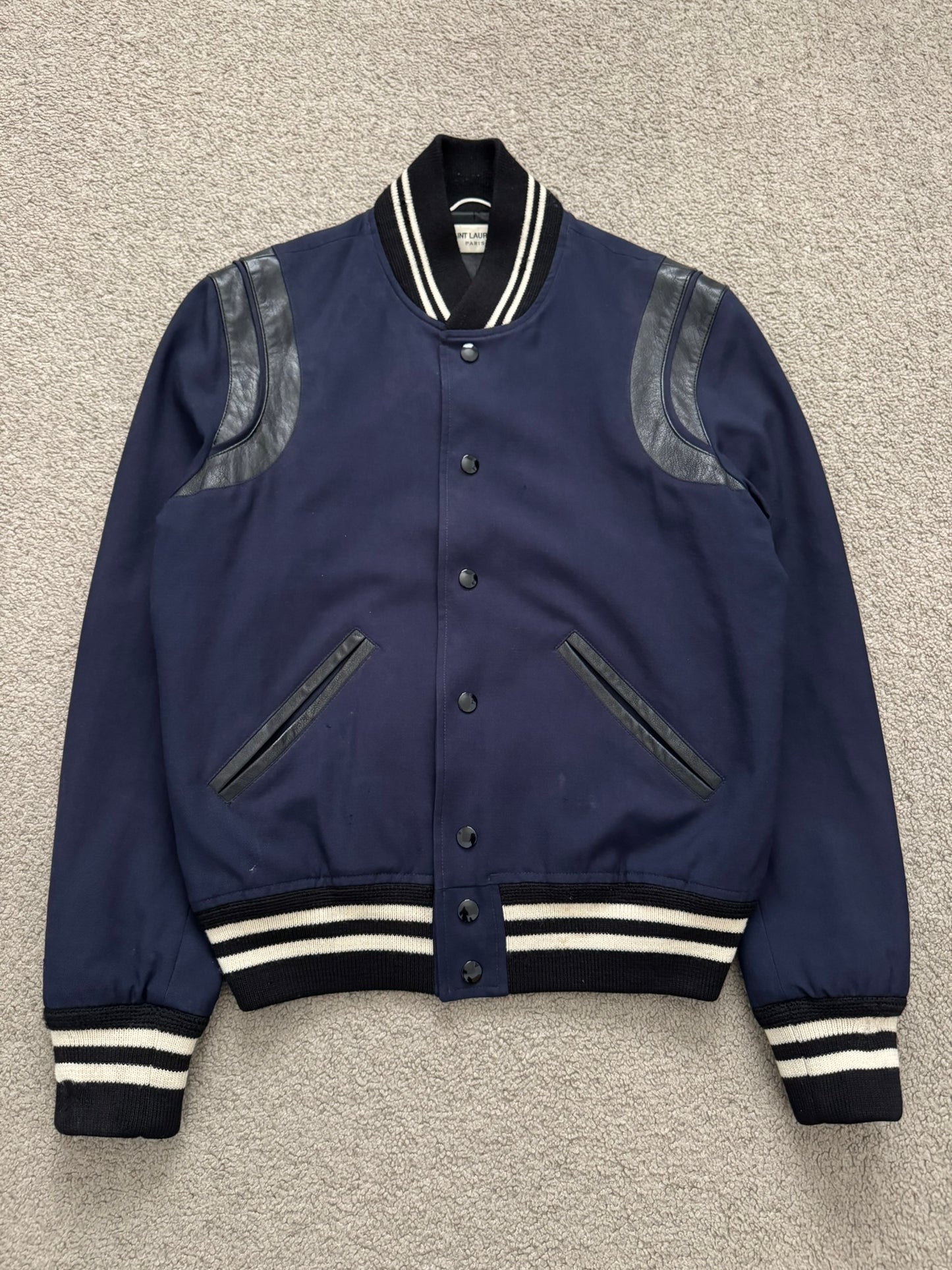 FW14 Saint Laurent by Hedi Slimane Navy Teddy Varsity Bomber Jacket
