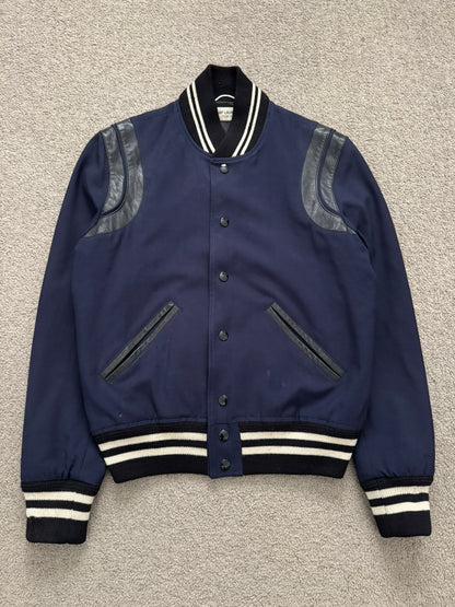 FW14 Saint Laurent by Hedi Slimane Navy Teddy Varsity Bomber Jacket
