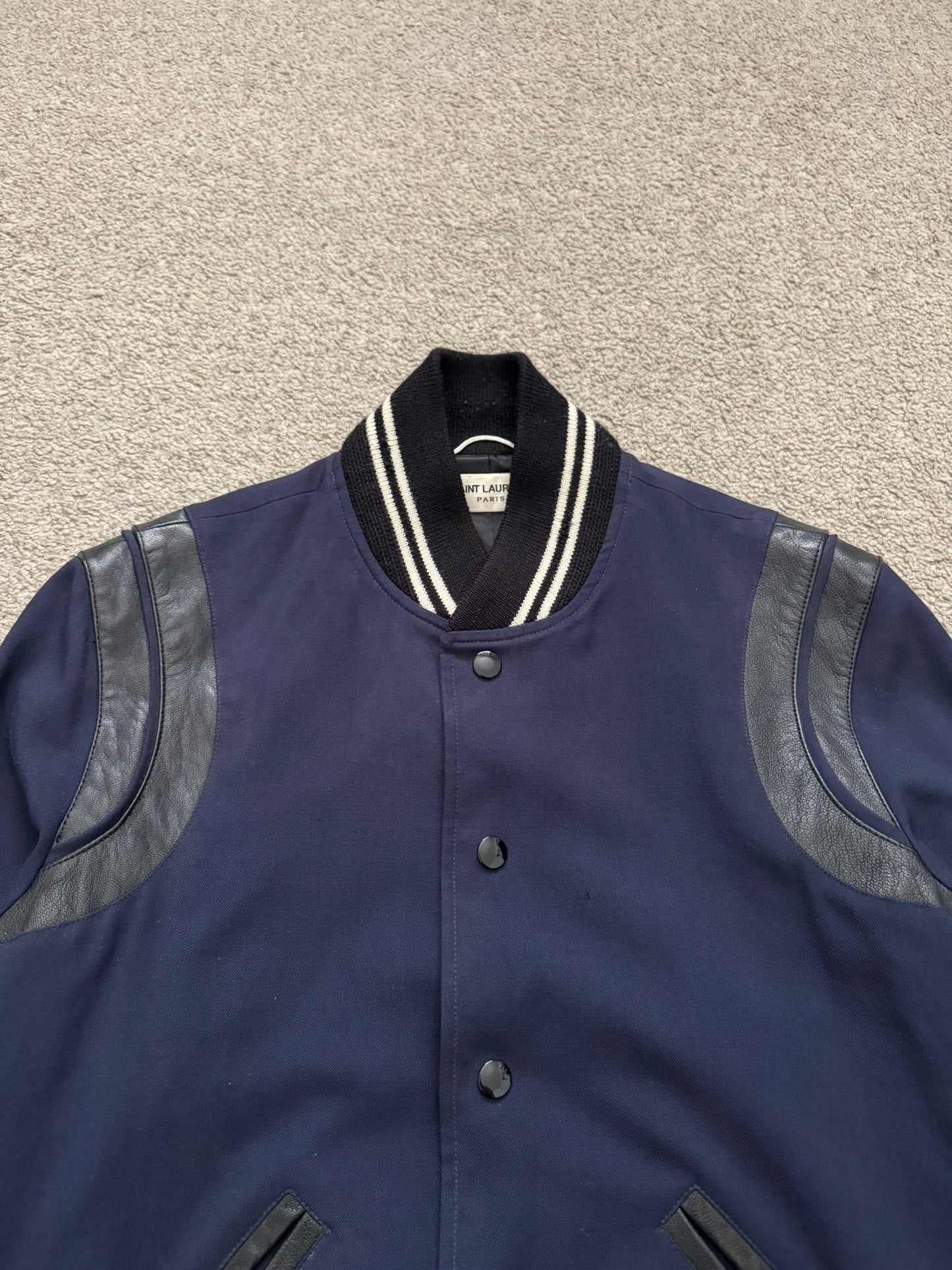 FW14 Saint Laurent by Hedi Slimane Navy Teddy Varsity Bomber Jacket
