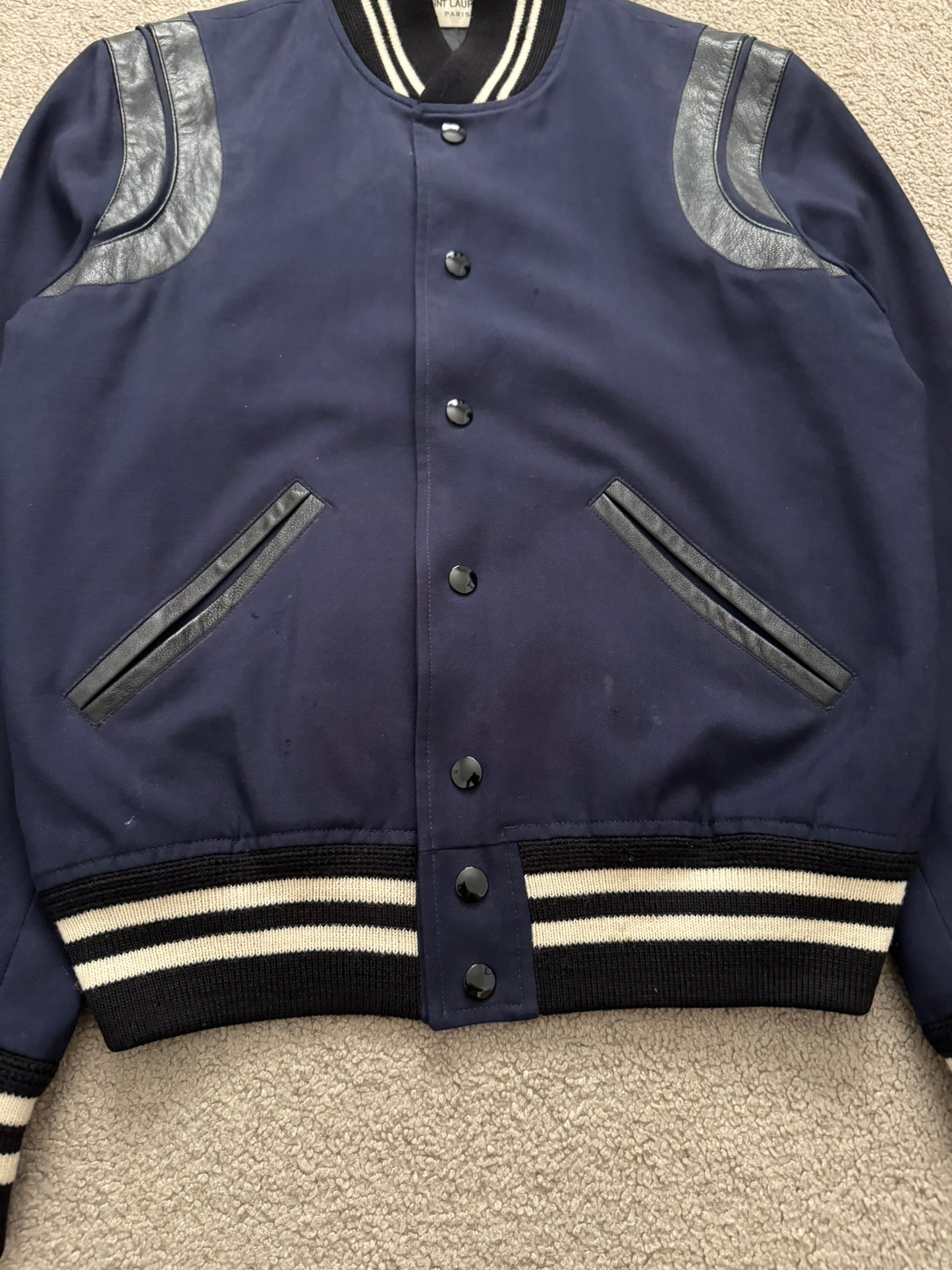 FW14 Saint Laurent by Hedi Slimane Navy Teddy Varsity Bomber Jacket