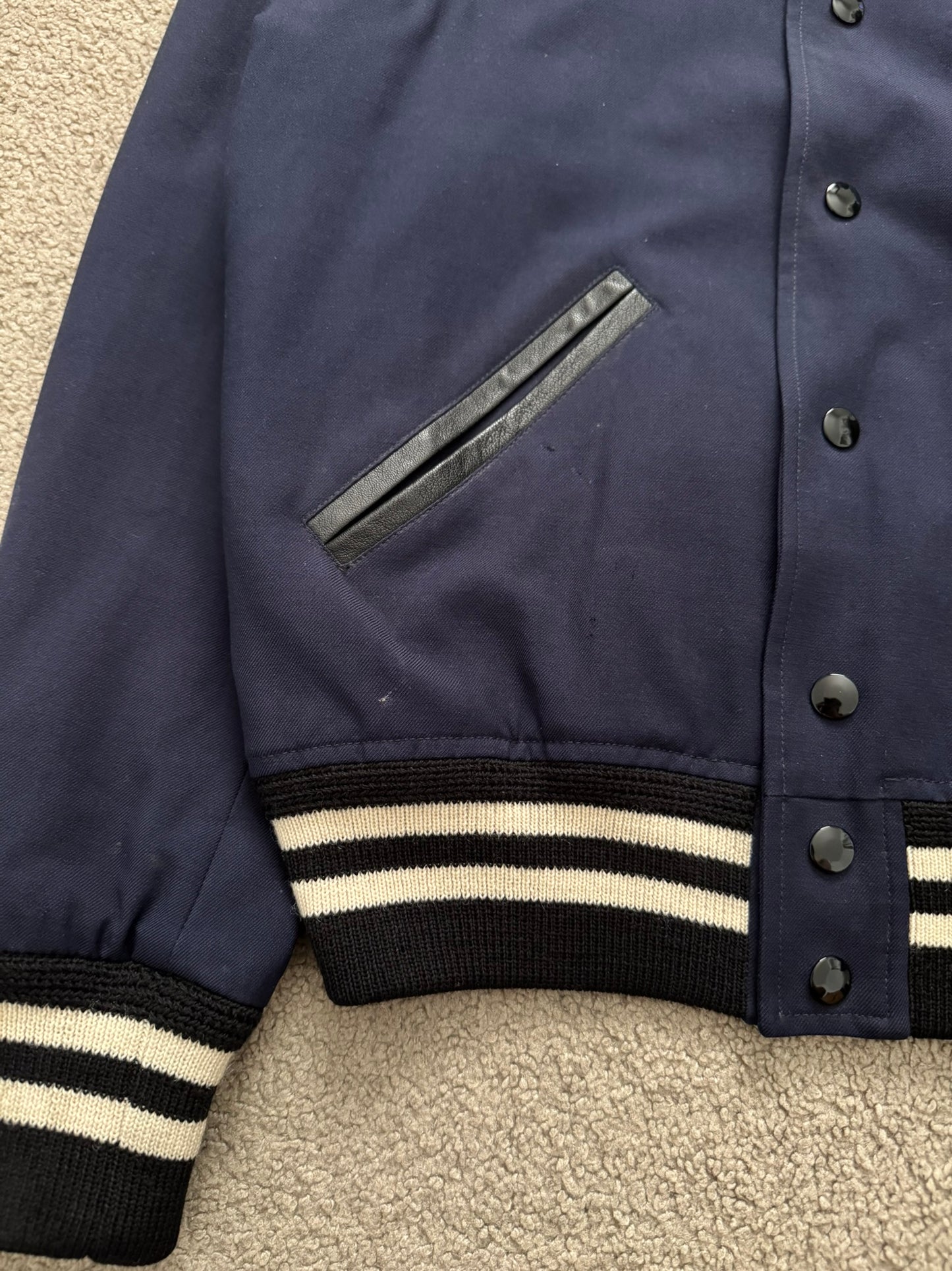 FW14 Saint Laurent by Hedi Slimane Navy Teddy Varsity Bomber Jacket