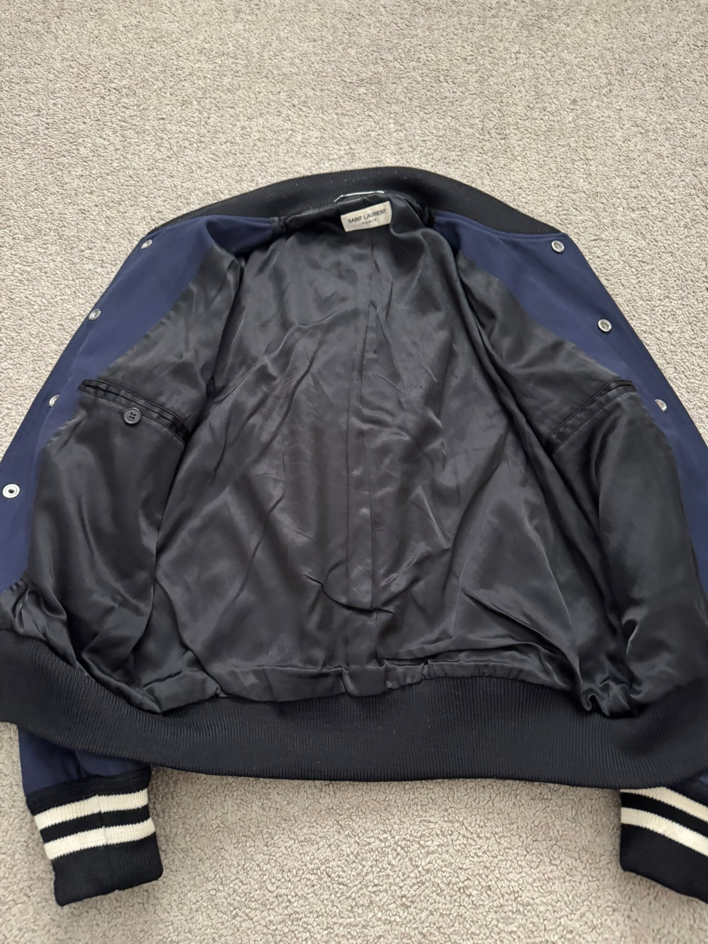 FW14 Saint Laurent by Hedi Slimane Navy Teddy Varsity Bomber Jacket