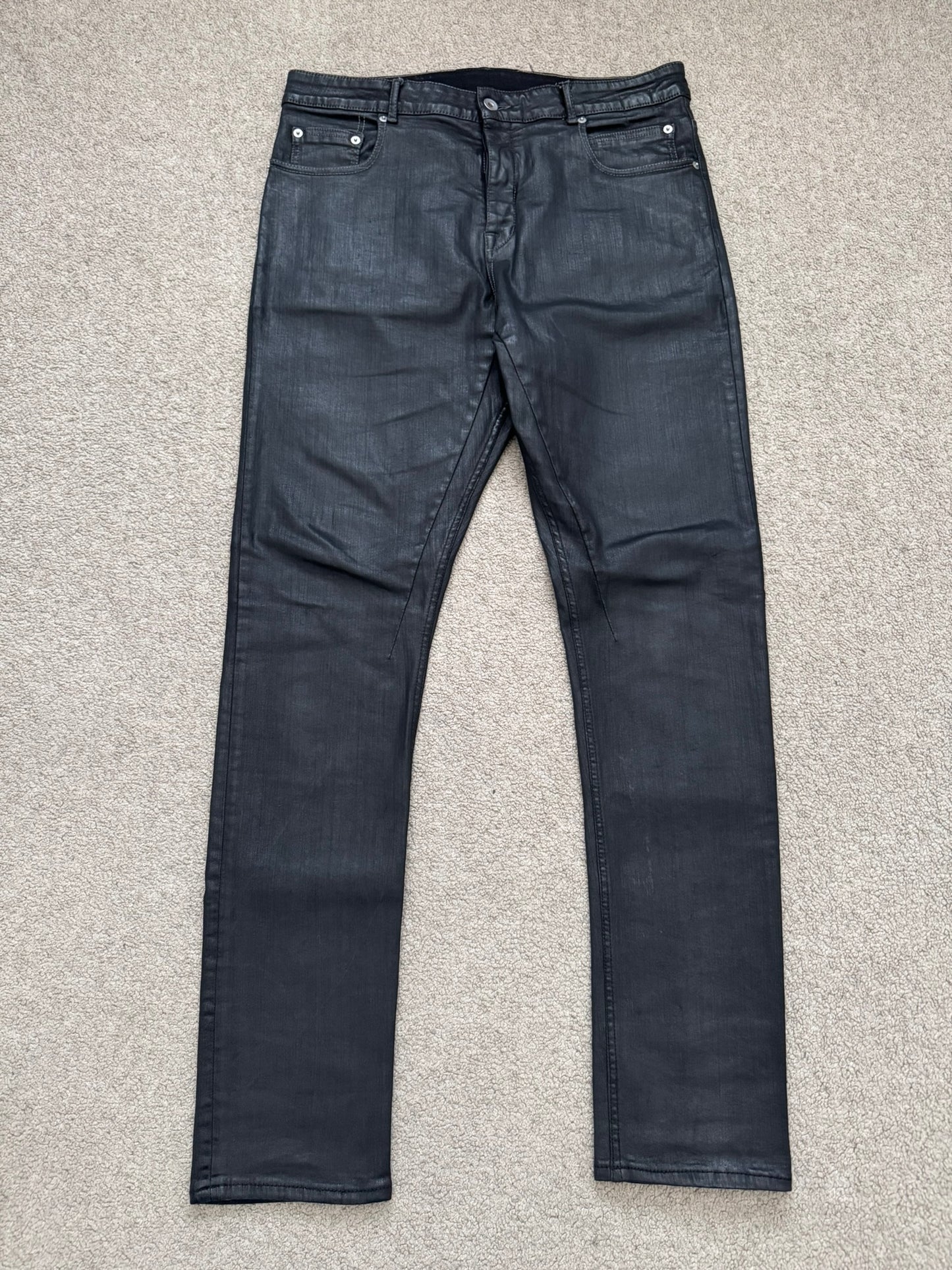 FW20 Rick Owens DRKSHDW Black Waxed Detroit Cut Denim Jeans