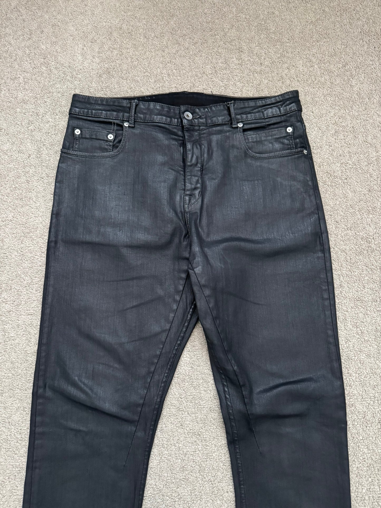 FW20 Rick Owens DRKSHDW Black Waxed Detroit Cut Denim Jeans