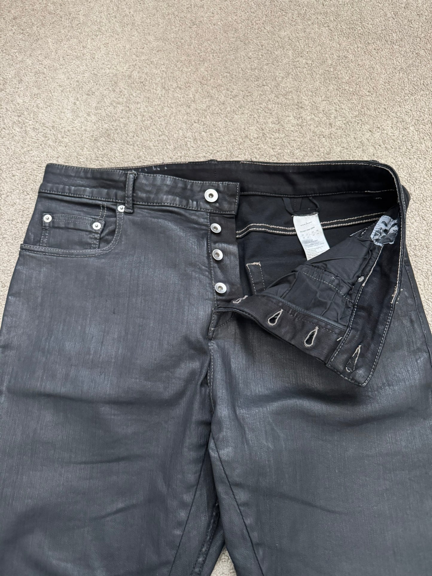 FW20 Rick Owens DRKSHDW Black Waxed Detroit Cut Denim Jeans