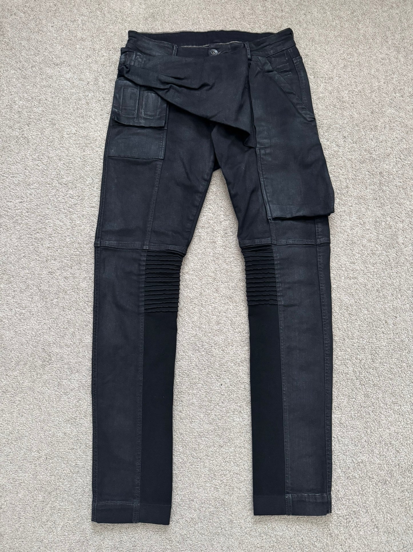 FW16 Rick Owens DRKSHDW Black Waxed Memphis Biker Denim Jeans