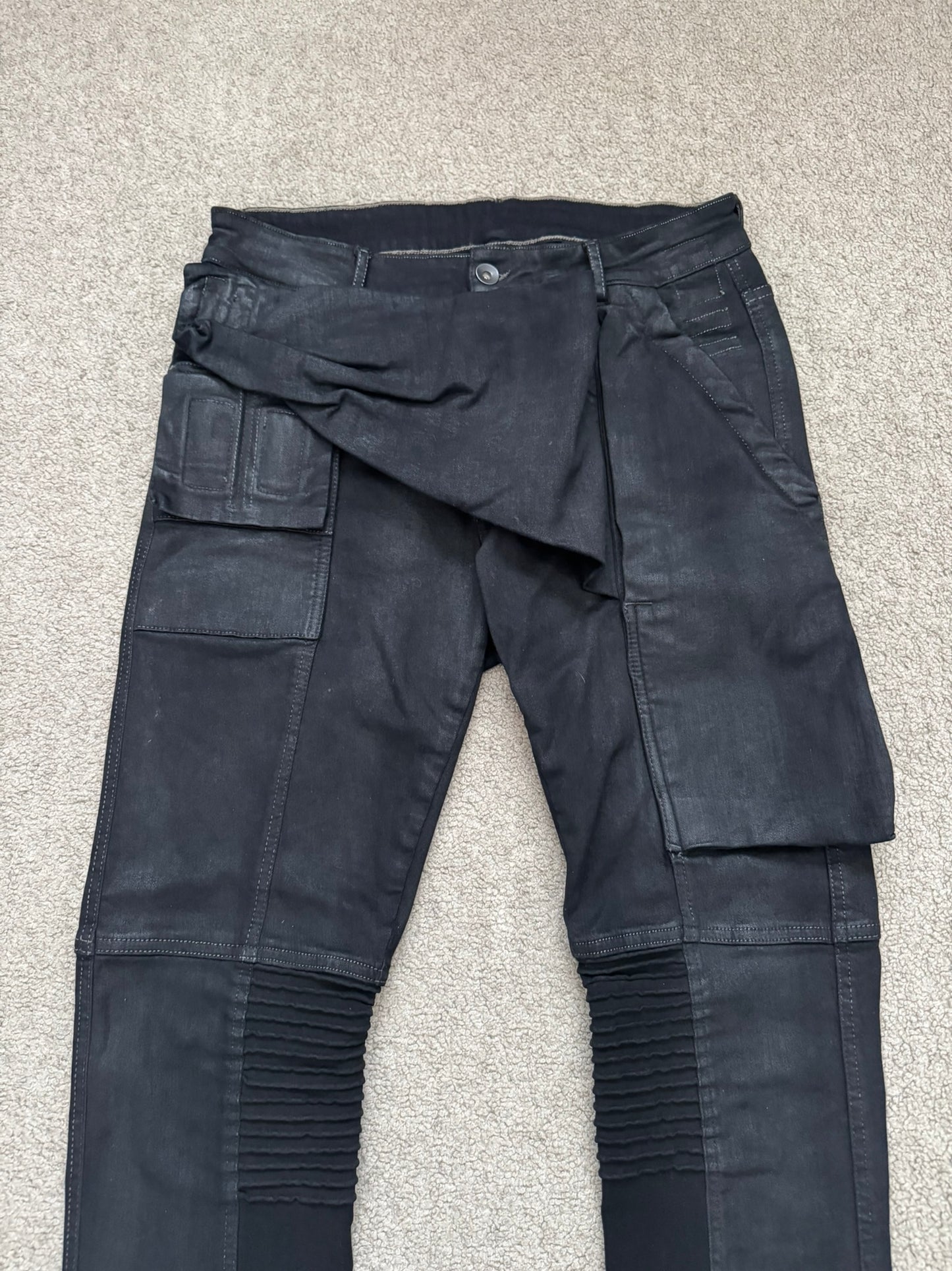 FW16 Rick Owens DRKSHDW Black Waxed Memphis Biker Denim Jeans