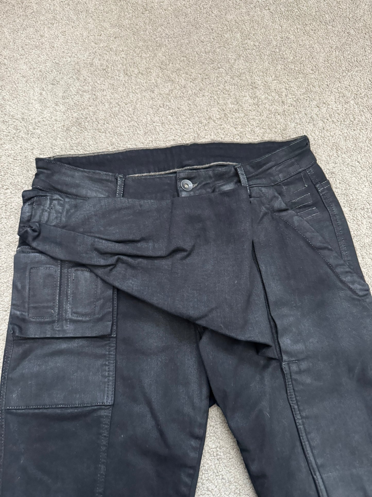 FW16 Rick Owens DRKSHDW Black Waxed Memphis Biker Denim Jeans