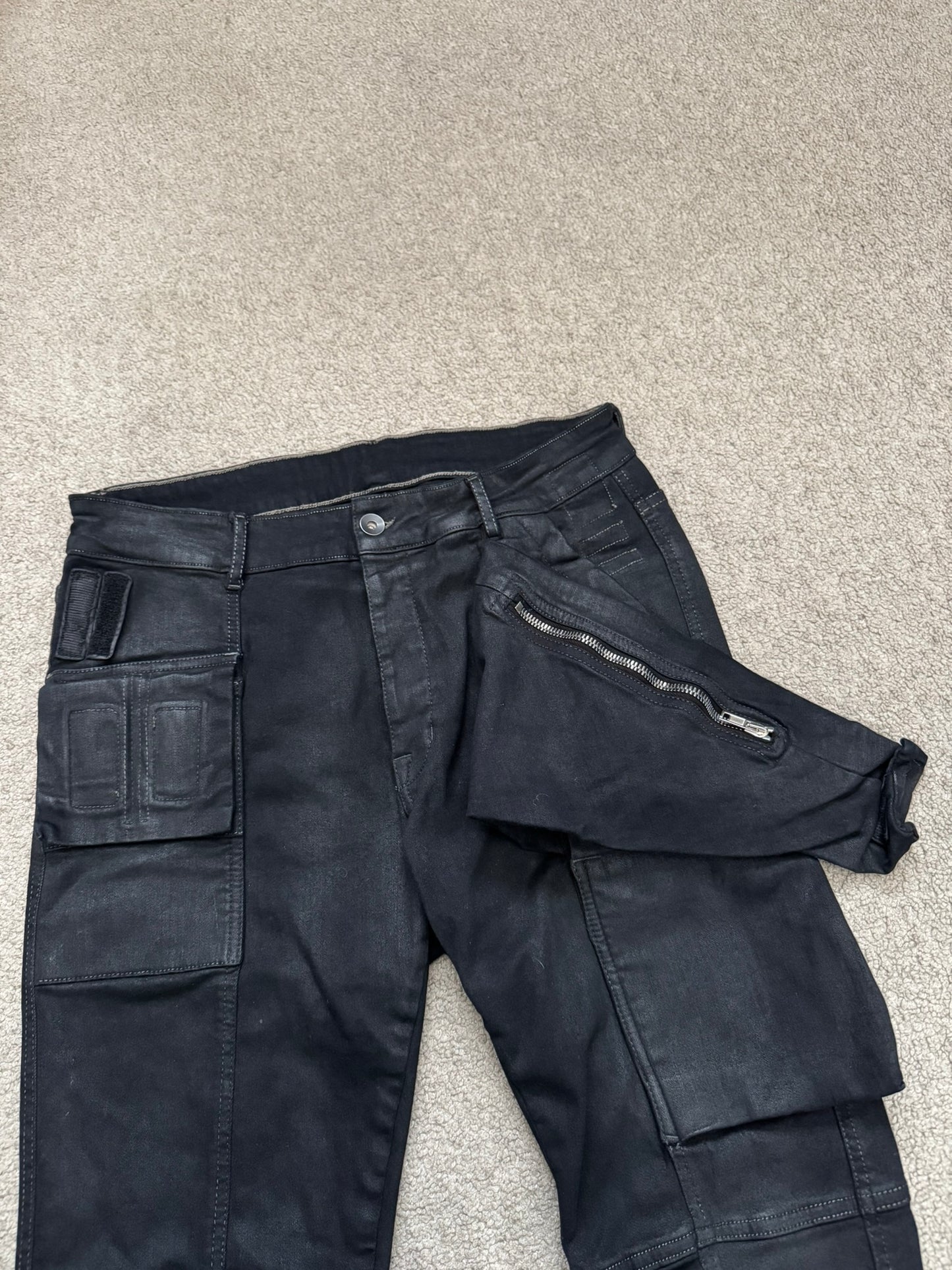 FW16 Rick Owens DRKSHDW Black Waxed Memphis Biker Denim Jeans