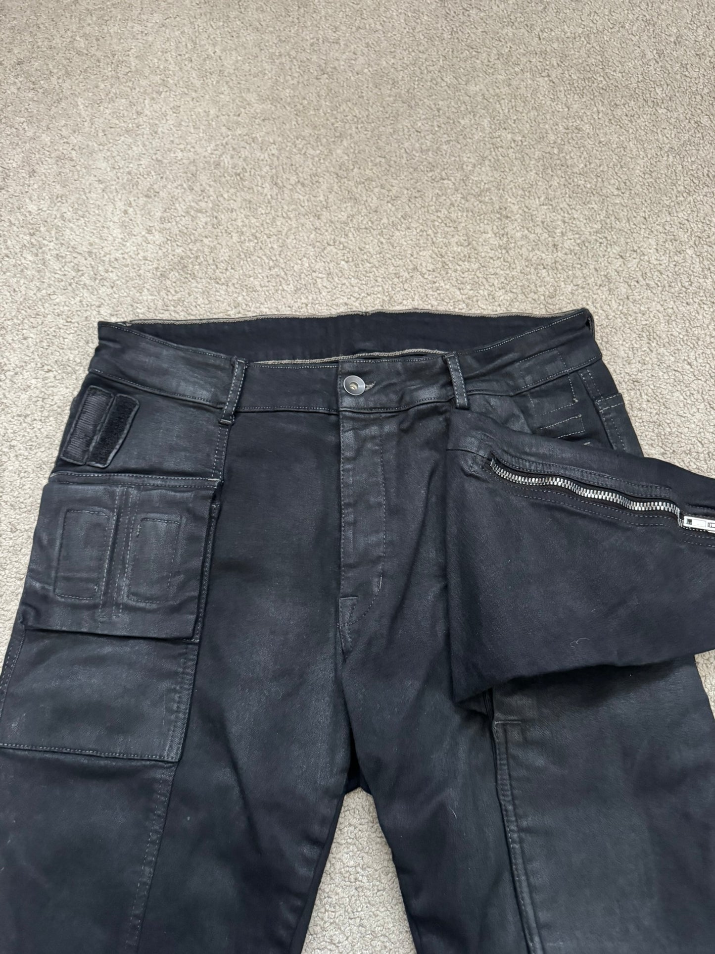 FW16 Rick Owens DRKSHDW Black Waxed Memphis Biker Denim Jeans