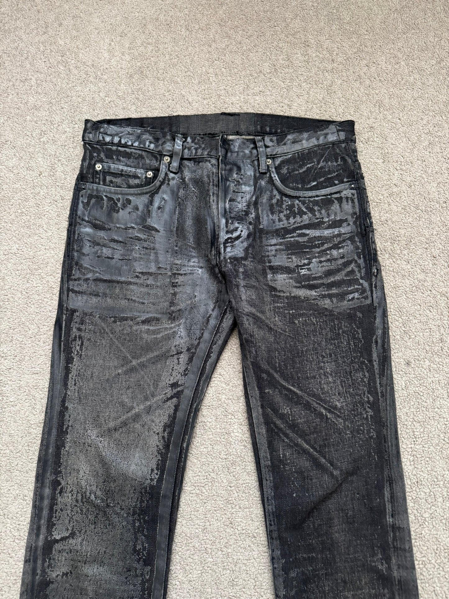 AW08 Dior Homme “Luster” Black Waxed Clawmark Denim Jeans