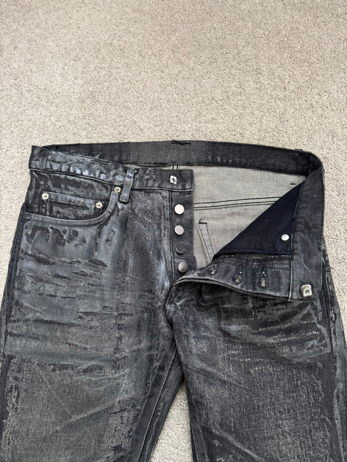 AW08 Dior Homme “Luster” Black Waxed Clawmark Denim Jeans