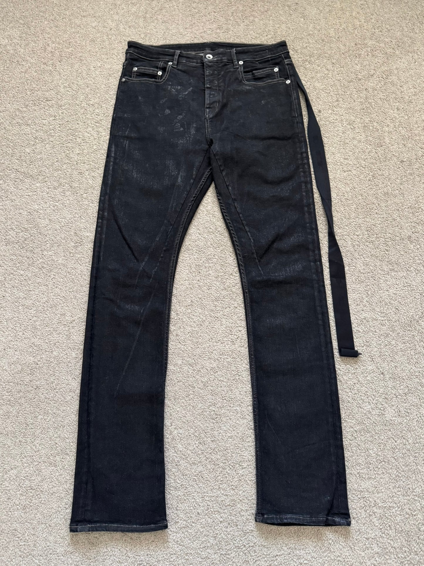 FW21 Rick Owens DRKSHDW Black Foil Waxed Detroit Denim Jeans