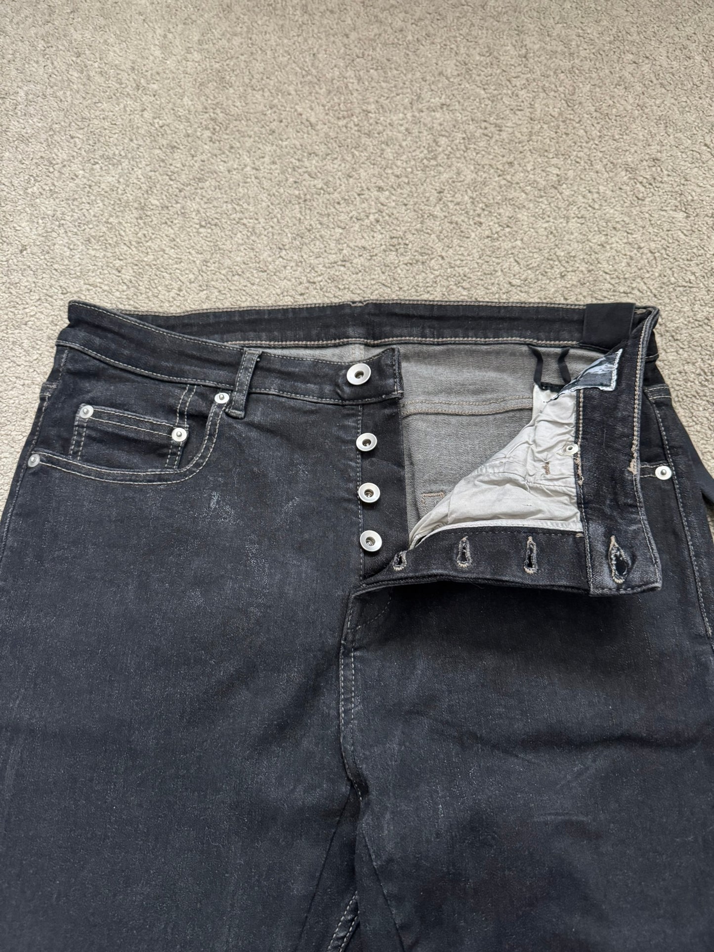 FW21 Rick Owens DRKSHDW Black Foil Waxed Detroit Denim Jeans