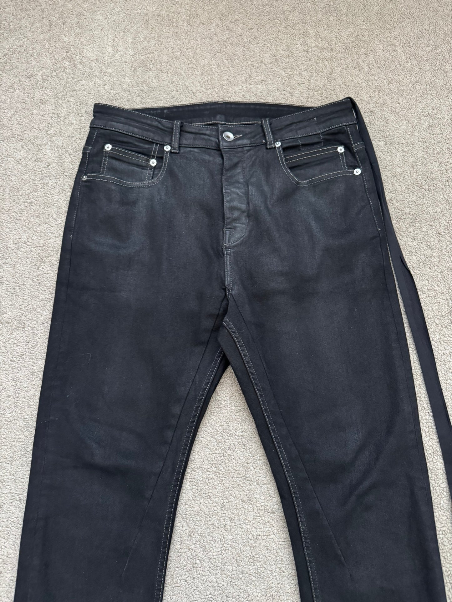 SS23 Rick Owens DRKSHDW Black Waxed Detroit Cut Denim Jeans