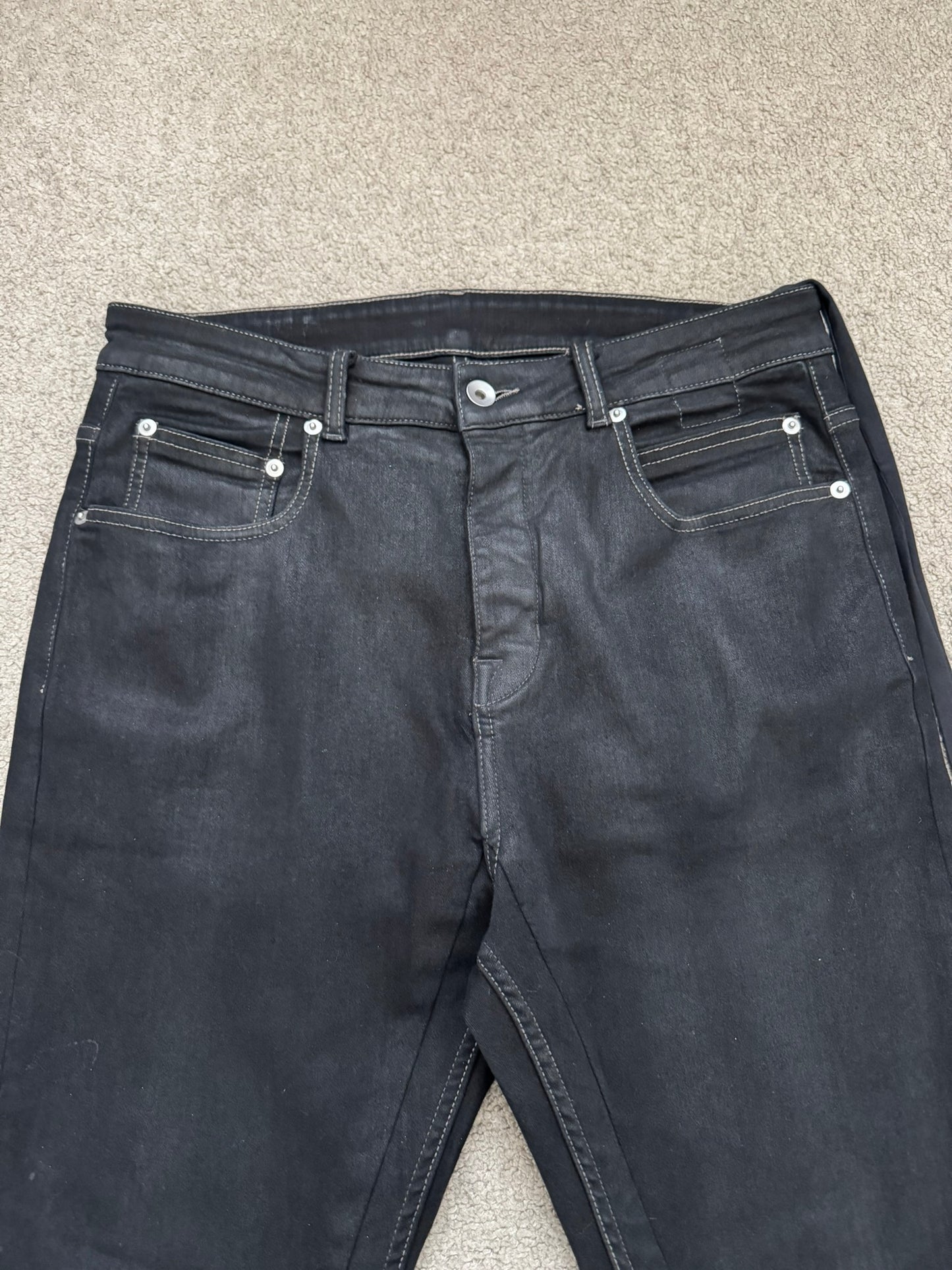 SS23 Rick Owens DRKSHDW Black Waxed Detroit Cut Denim Jeans