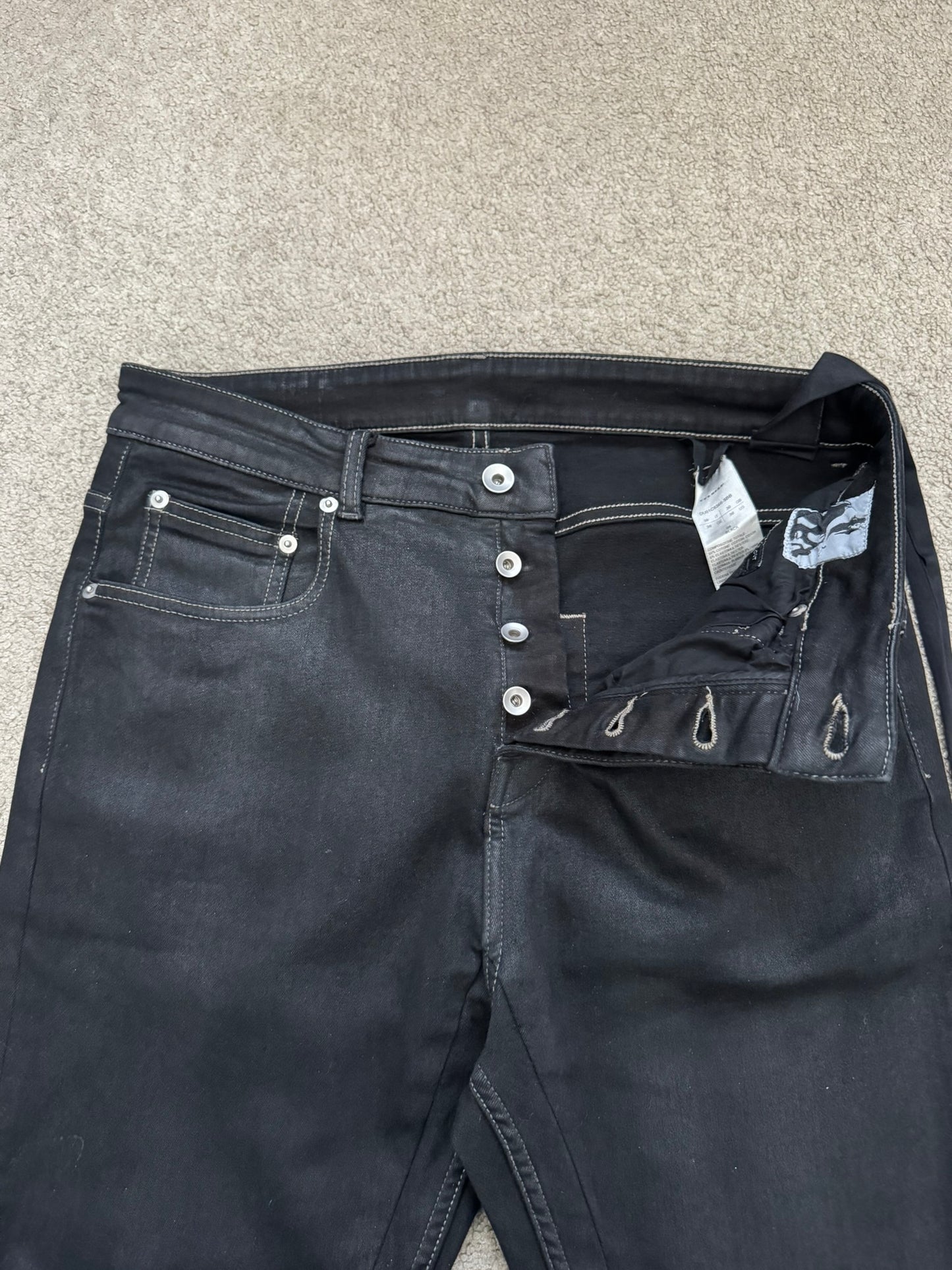 SS23 Rick Owens DRKSHDW Black Waxed Detroit Cut Denim Jeans