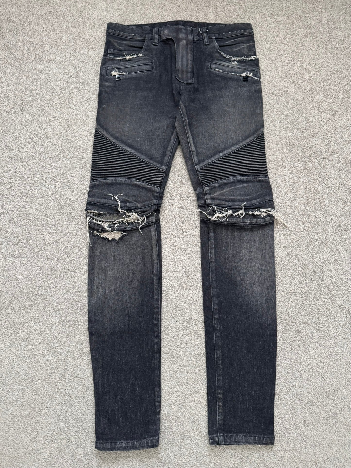 Balmain by Olivier Rousteing Distressed Zip Biker Denim Jeans