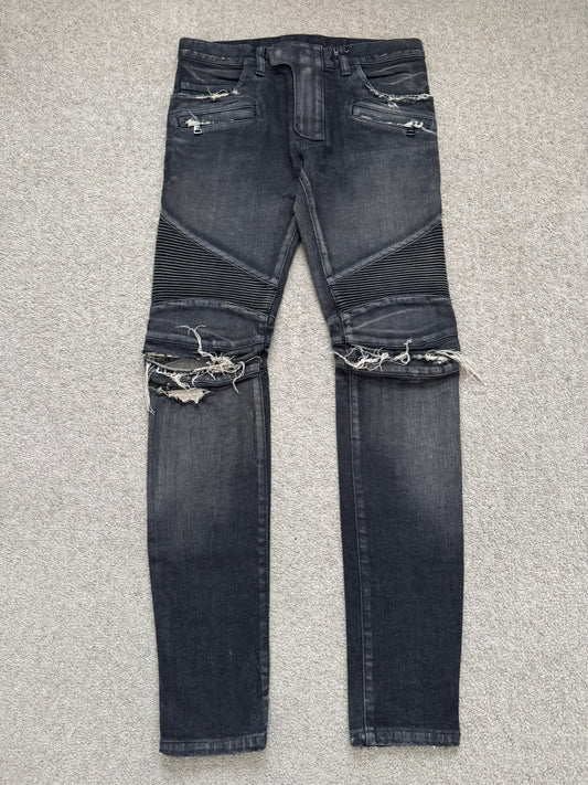 Balmain by Olivier Rousteing Distressed Zip Biker Denim Jeans