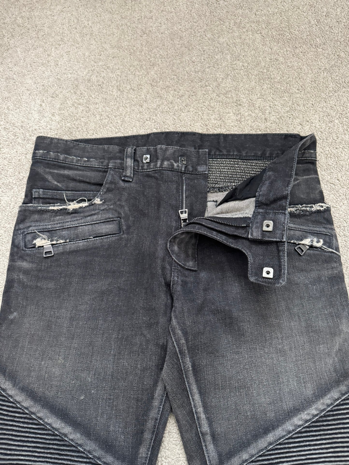 Balmain by Olivier Rousteing Distressed Zip Biker Denim Jeans