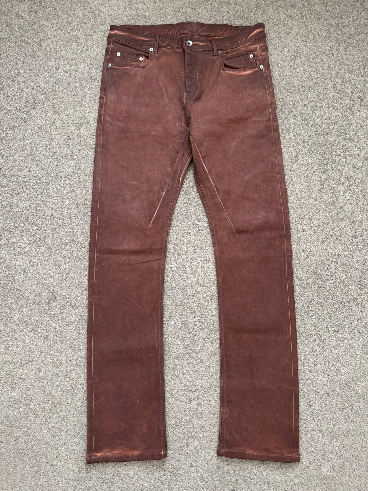 FW24 Rick Owens DRKSHDW Terracotta Waxed Detroit Denim Jeans
