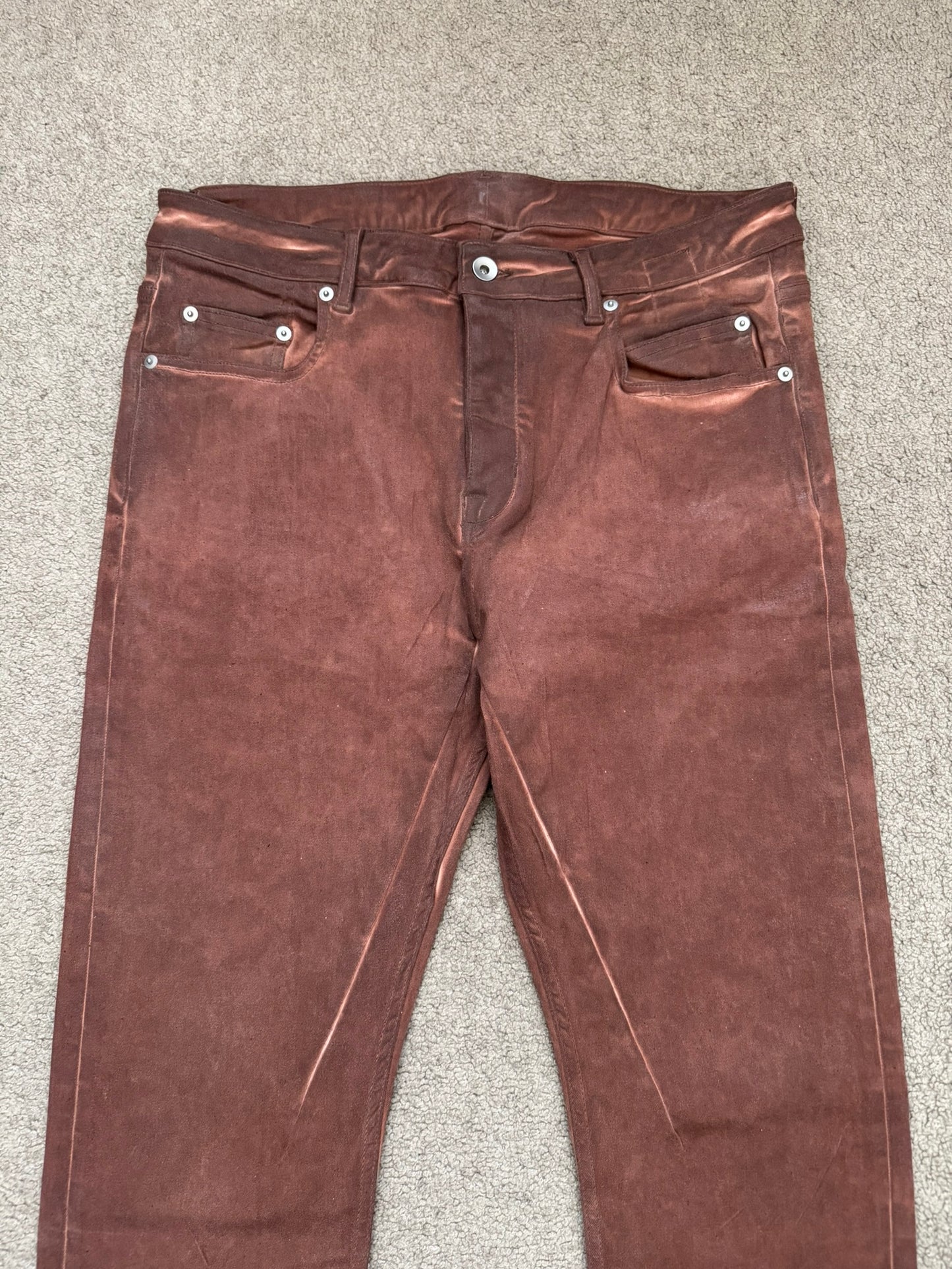 FW24 Rick Owens DRKSHDW Terracotta Waxed Detroit Denim Jeans