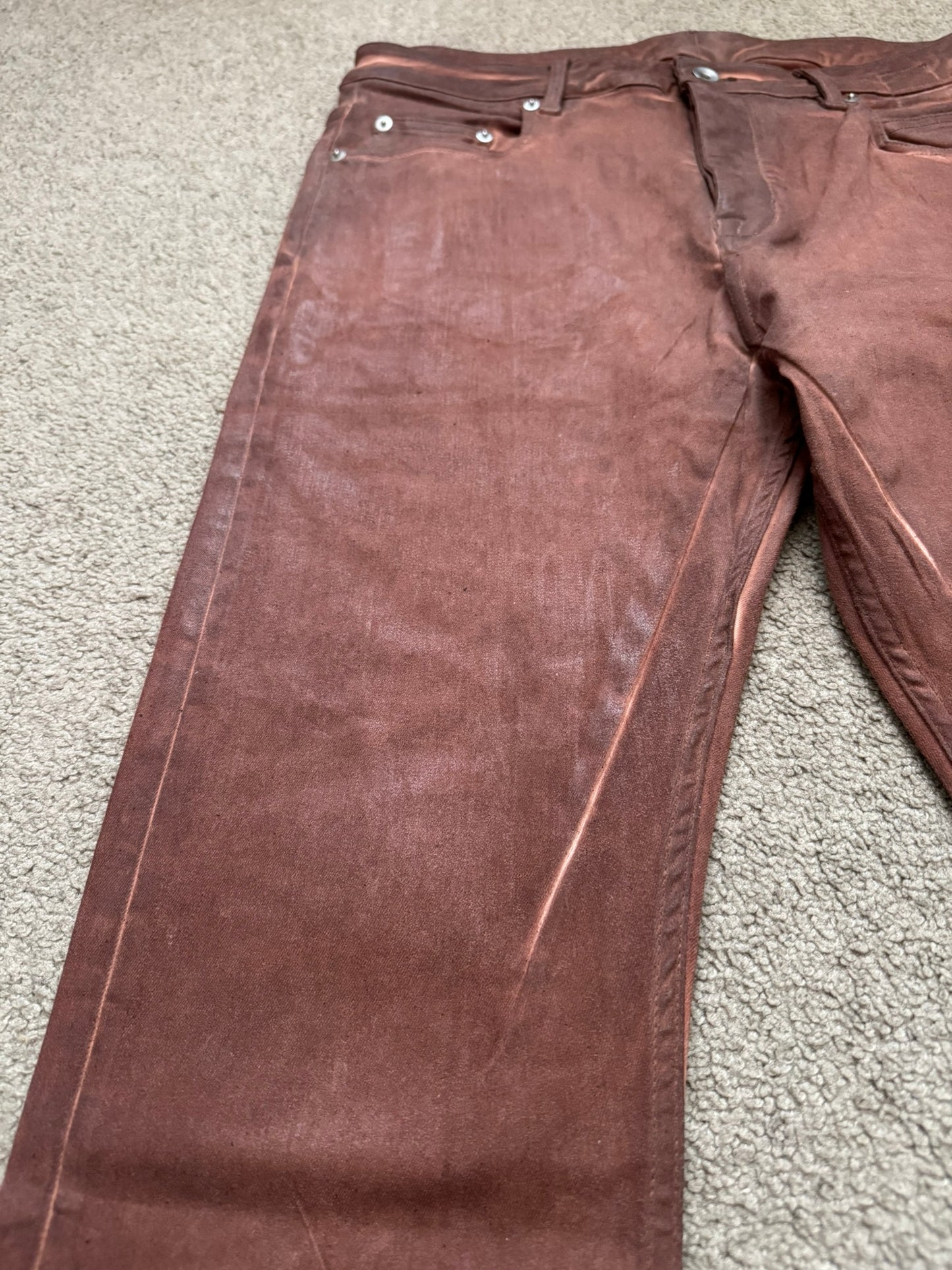 FW24 Rick Owens DRKSHDW Terracotta Waxed Detroit Denim Jeans