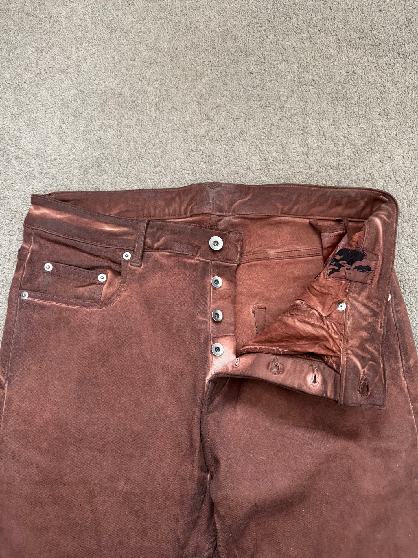 FW24 Rick Owens DRKSHDW Terracotta Waxed Detroit Denim Jeans