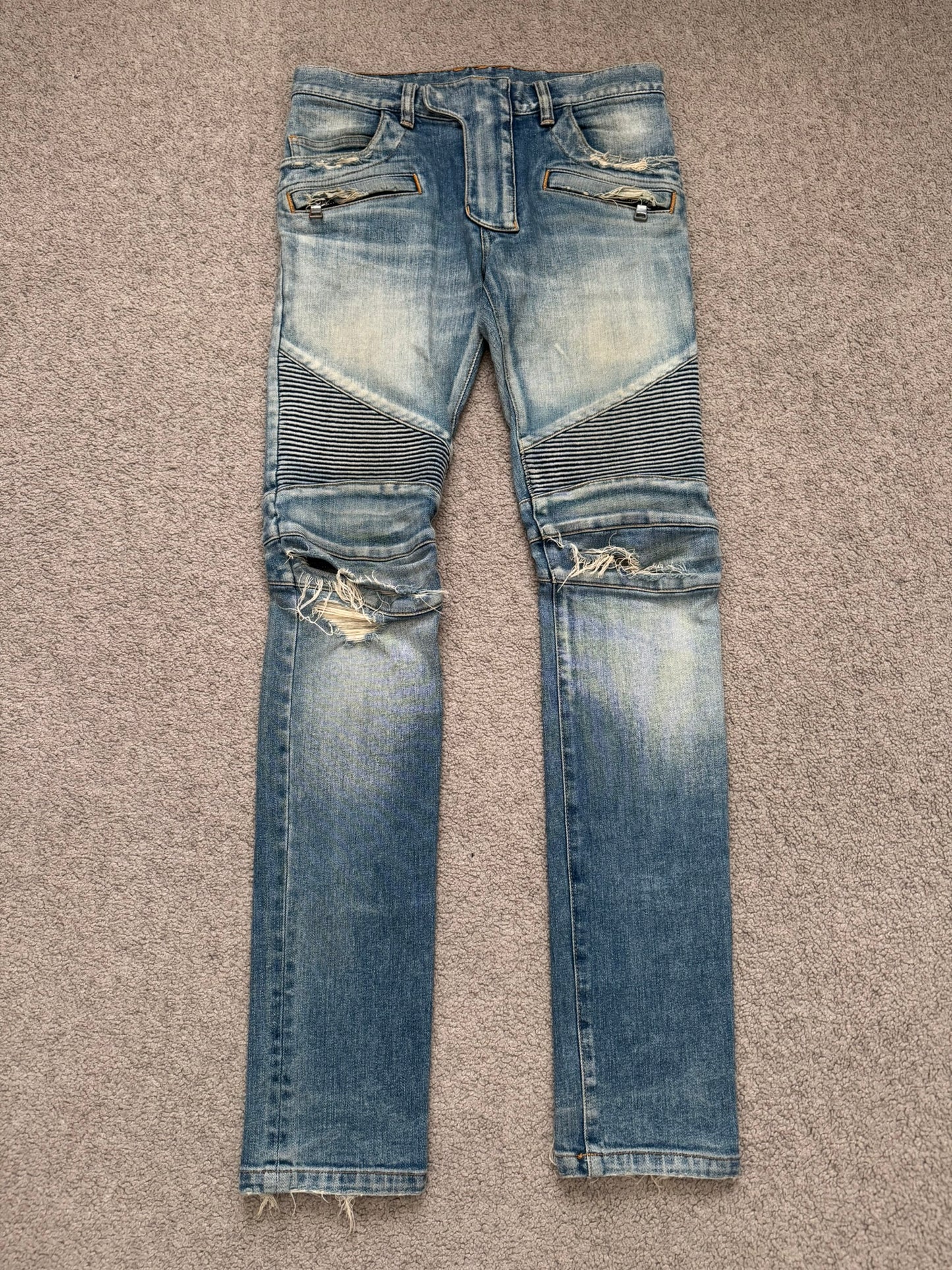 Balmain by Olivier Rousteing Blue Washed Zip Biker Denim Jeans