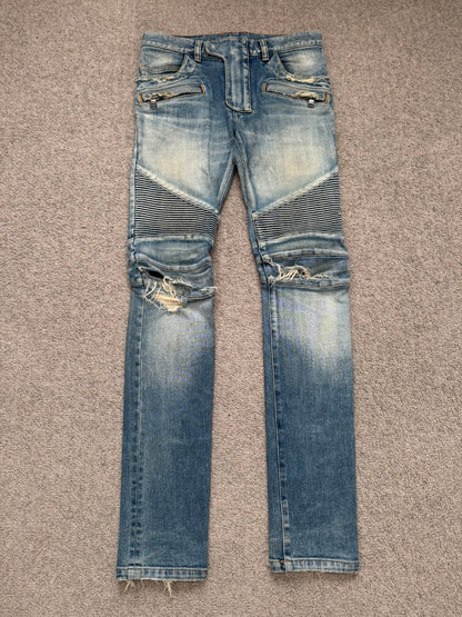 Balmain by Olivier Rousteing Blue Washed Zip Biker Denim Jeans