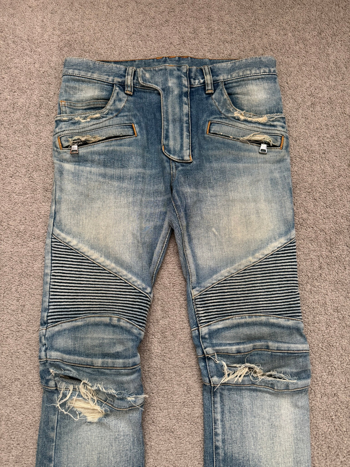 Balmain by Olivier Rousteing Blue Washed Zip Biker Denim Jeans