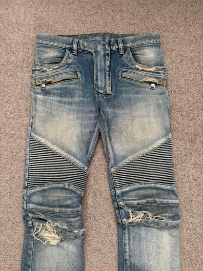 Balmain by Olivier Rousteing Blue Washed Zip Biker Denim Jeans