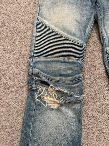 Balmain by Olivier Rousteing Blue Washed Zip Biker Denim Jeans