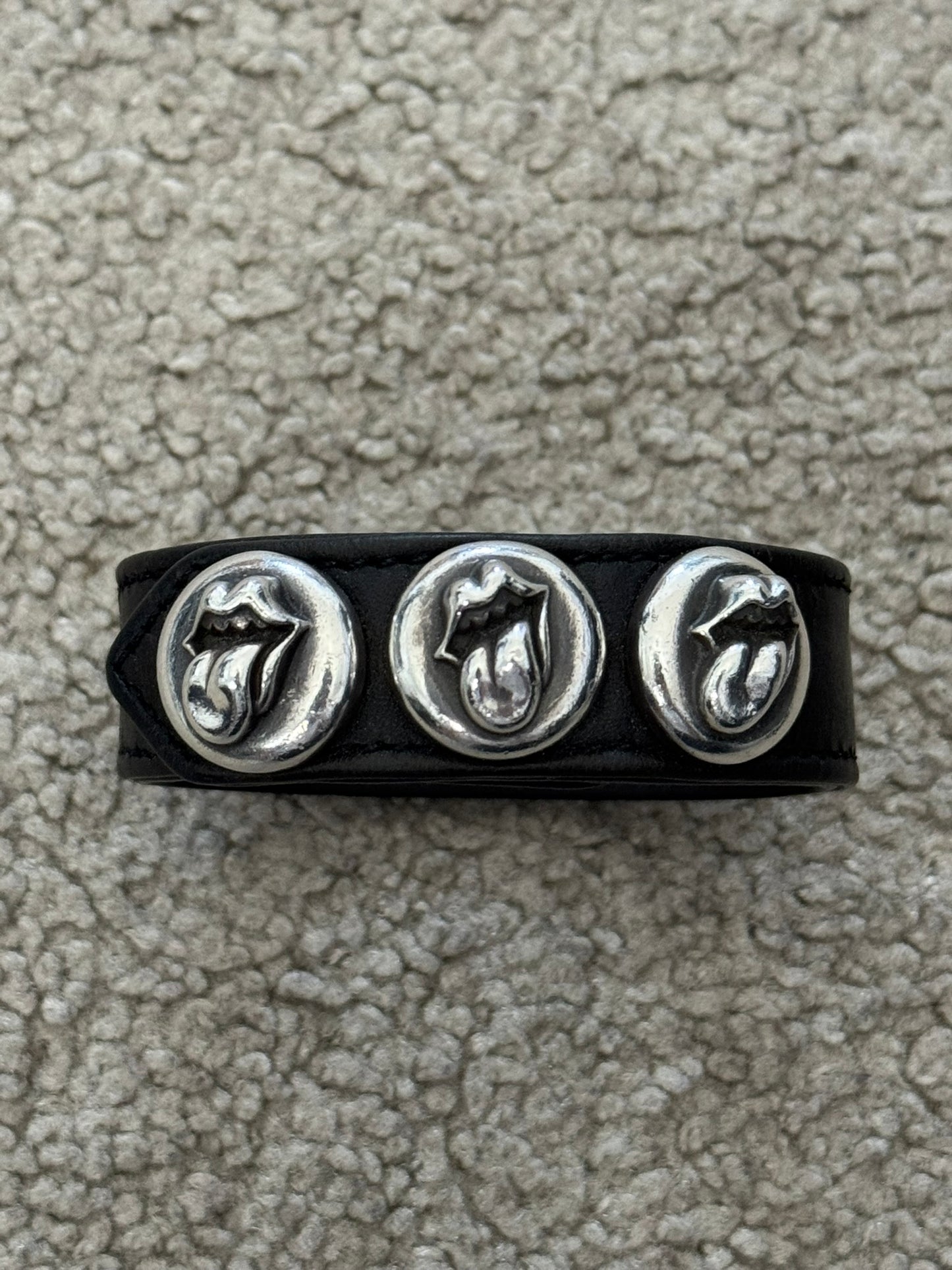 Chrome Hearts 3 Silver Rolling Stone Snap Button Black Leather Bracelet